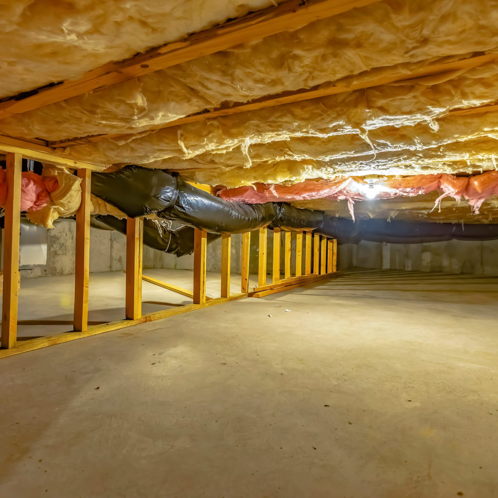 Square frame Basement or crawl space with upper floor insulation and wooden support beams